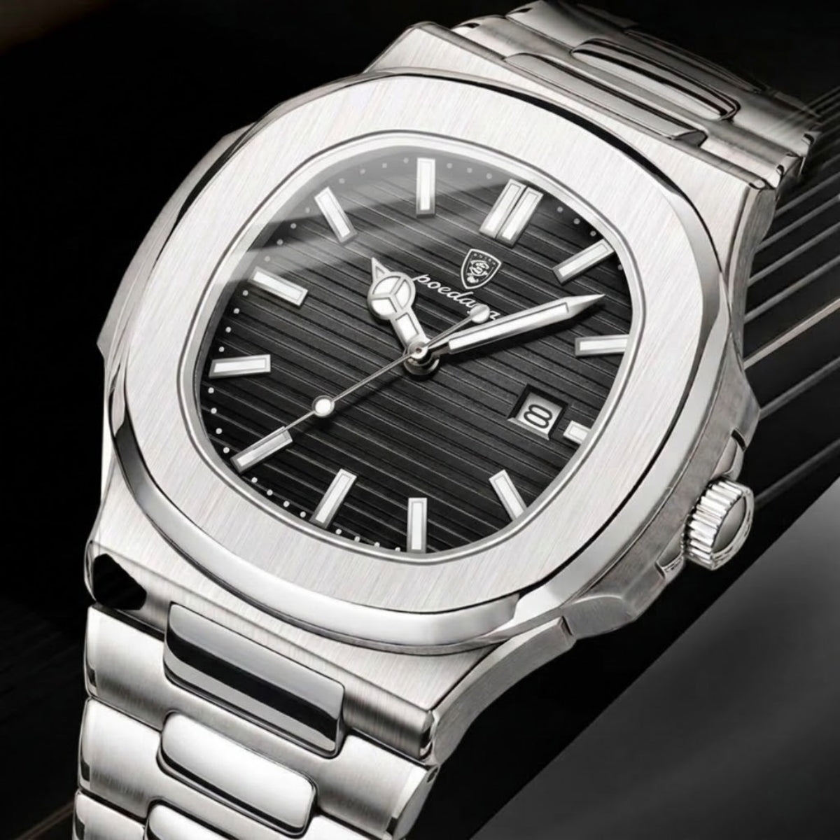Poedagar 613 Men’s Luxury Stainless Steel Watch – Waterproof Quartz Wristwatch with Luminous Black Dial