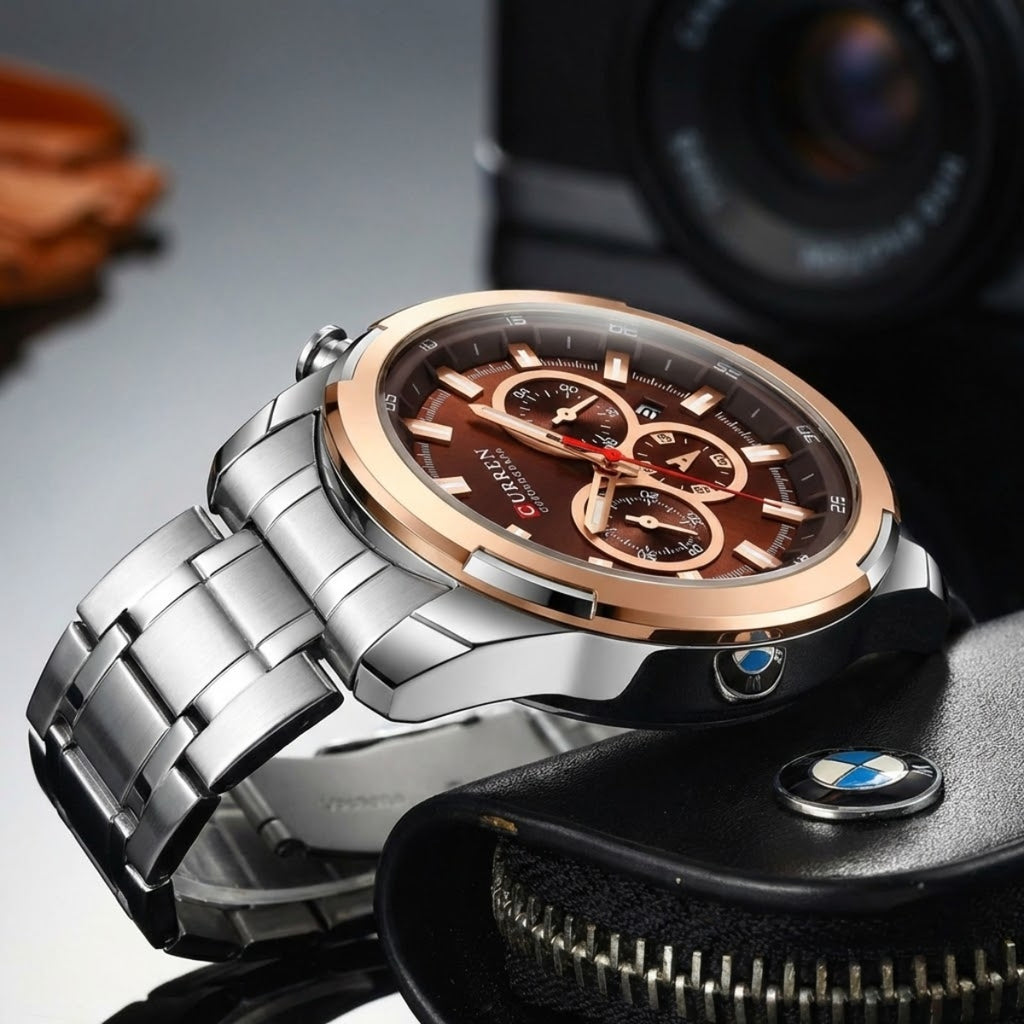 CURREN 8361 Men’s Luxury Chronograph Stainless Steel Waterproof Quartz Sports Watch with Date Silver and Brown