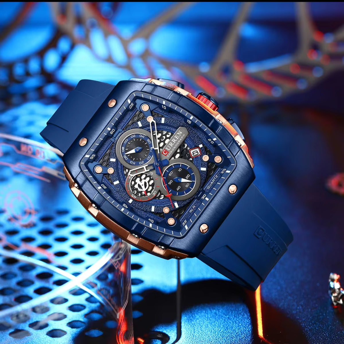 CURREN 8442 Tonneau Dial Sport Watch for Men Waterproof Quartz Blue Silicone Strap