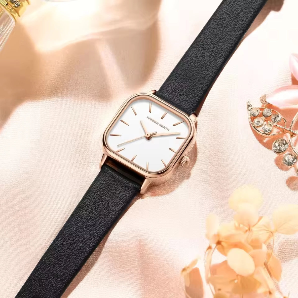 Hannah Martin 1591 Women’s Square Watch – Waterproof Leather Quartz Business Wristwatch White and Black