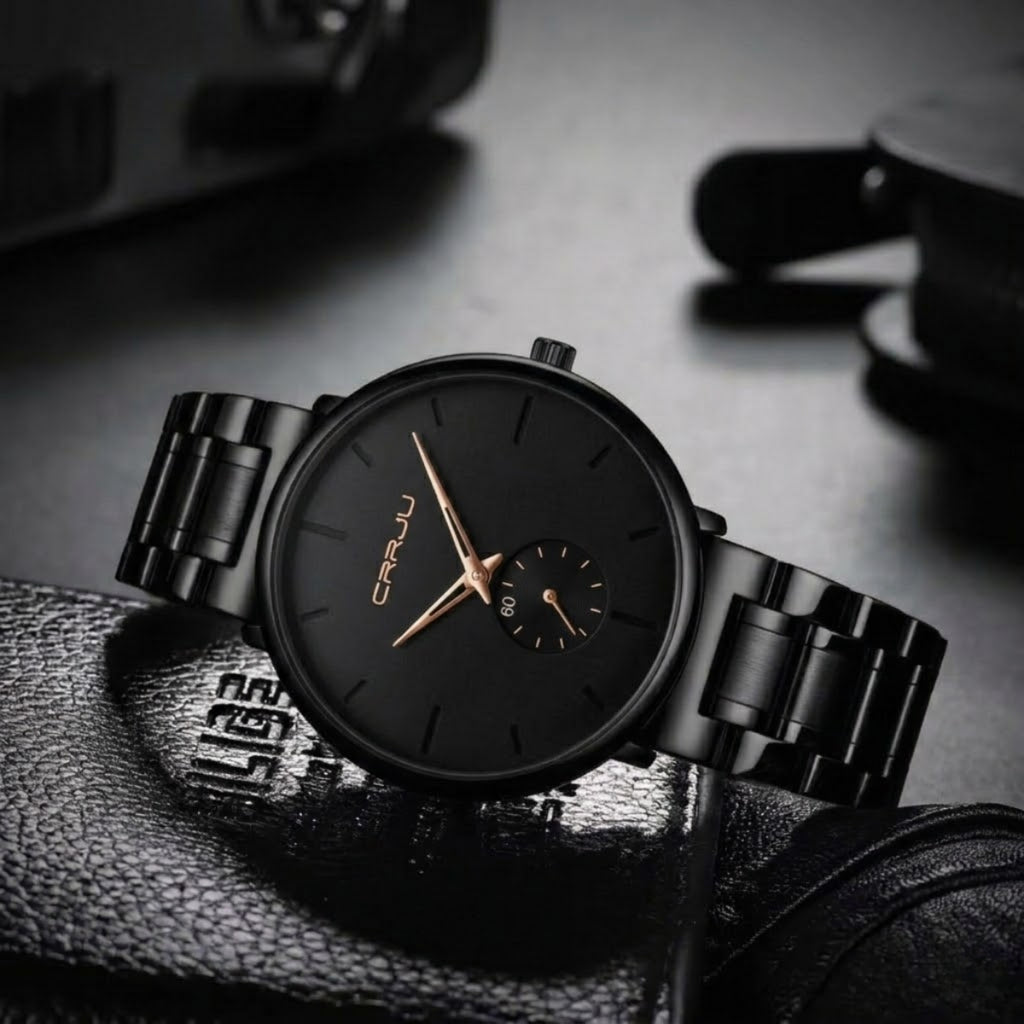 CRRJU 2150 Luxury Quartz Watch – Premium Stainless Steel Band, Casual Black Wristwatch for Men Black Gold