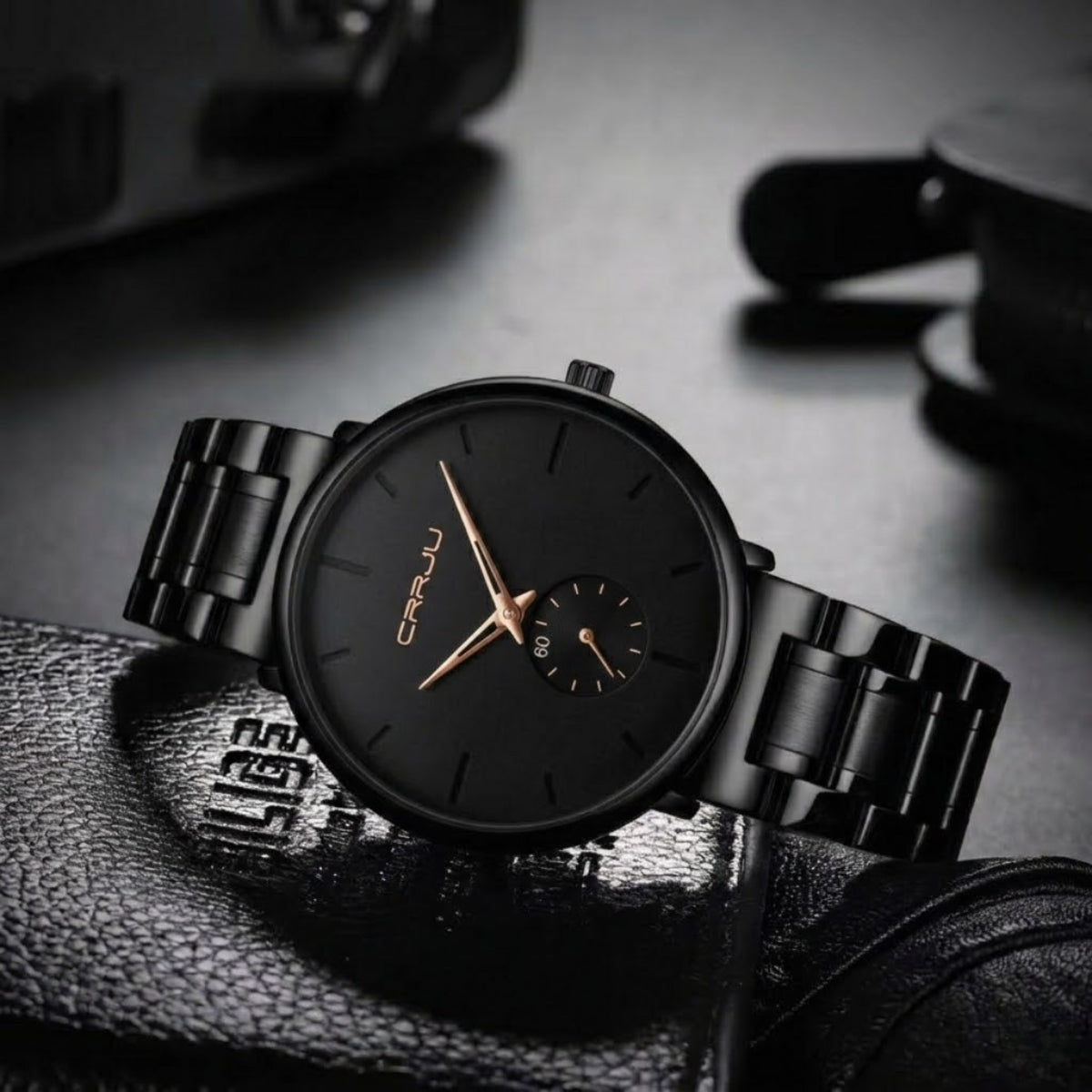 CRRJU 2150 Luxury Quartz Watch – Premium Stainless Steel Band, Casual Black Wristwatch for Men Black Gold