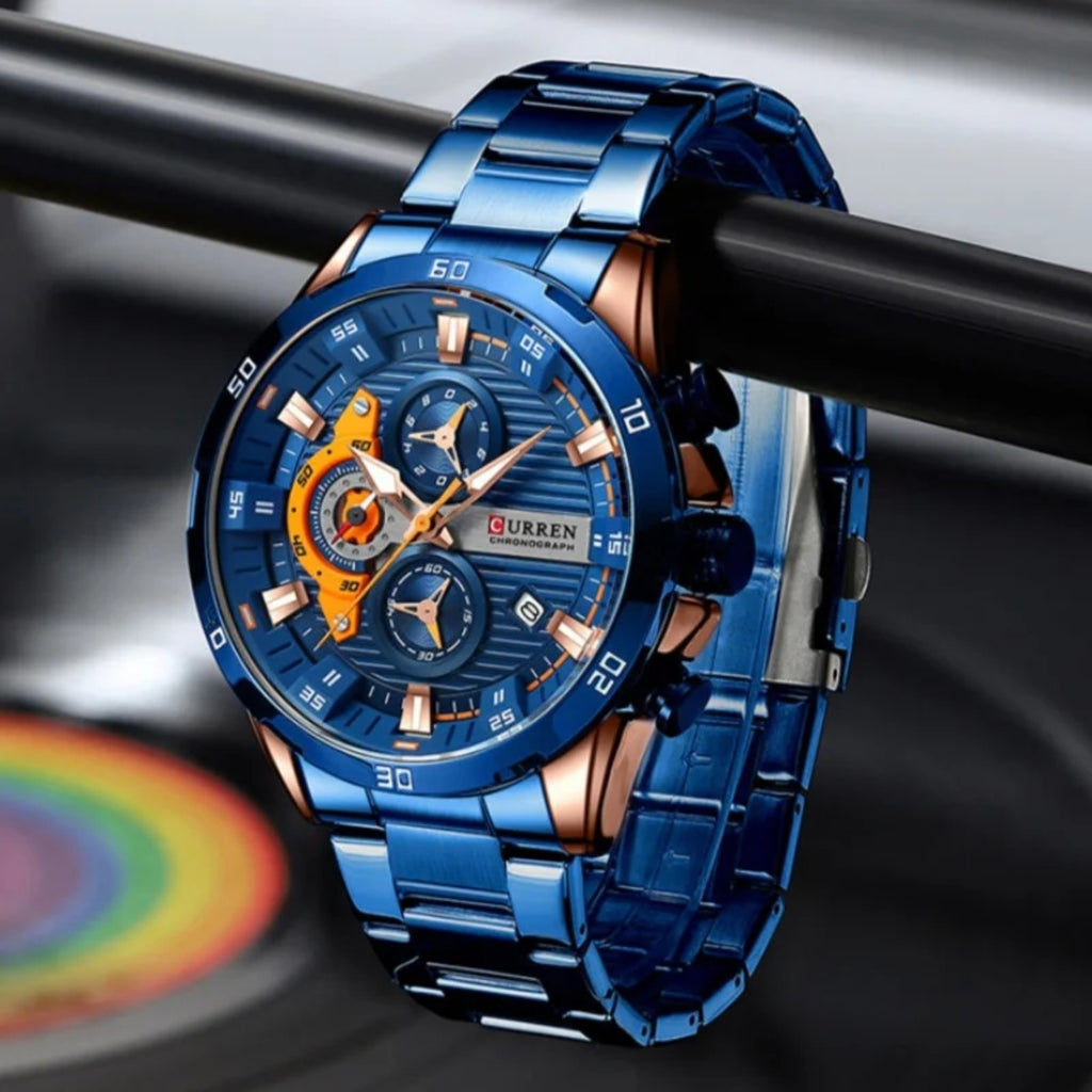 CURREN 8402 Men Watch Quartz Stainless Steel Chronograph Waterproof Wrist Watch Luminous Sport Blue Dial