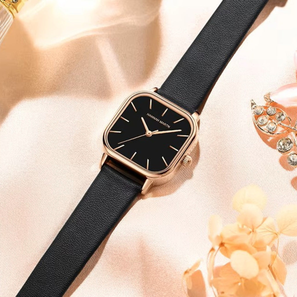 Hannah Martin 1591 Women’s Square Watch – Waterproof Leather Quartz Business Wristwatch Black Dial