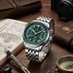 Poedagar 960 Men’s Luxury Watch – Stainless Steel Chronograph Waterproof Quartz with Luminous Green Dial