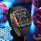 CURREN 8442 Tonneau Dial Sport Watch for Men Waterproof Quartz Black Silicone Strap