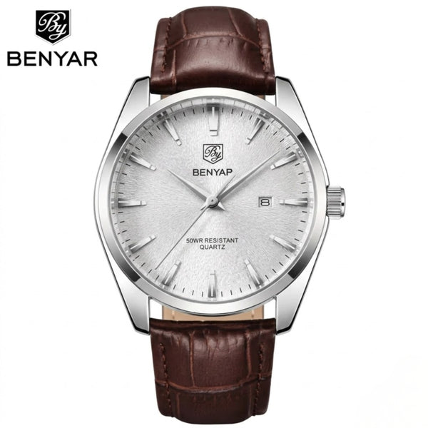 Benyar 5163 Men’s Minimalist Watch – Brown Leather Strap & White Dial