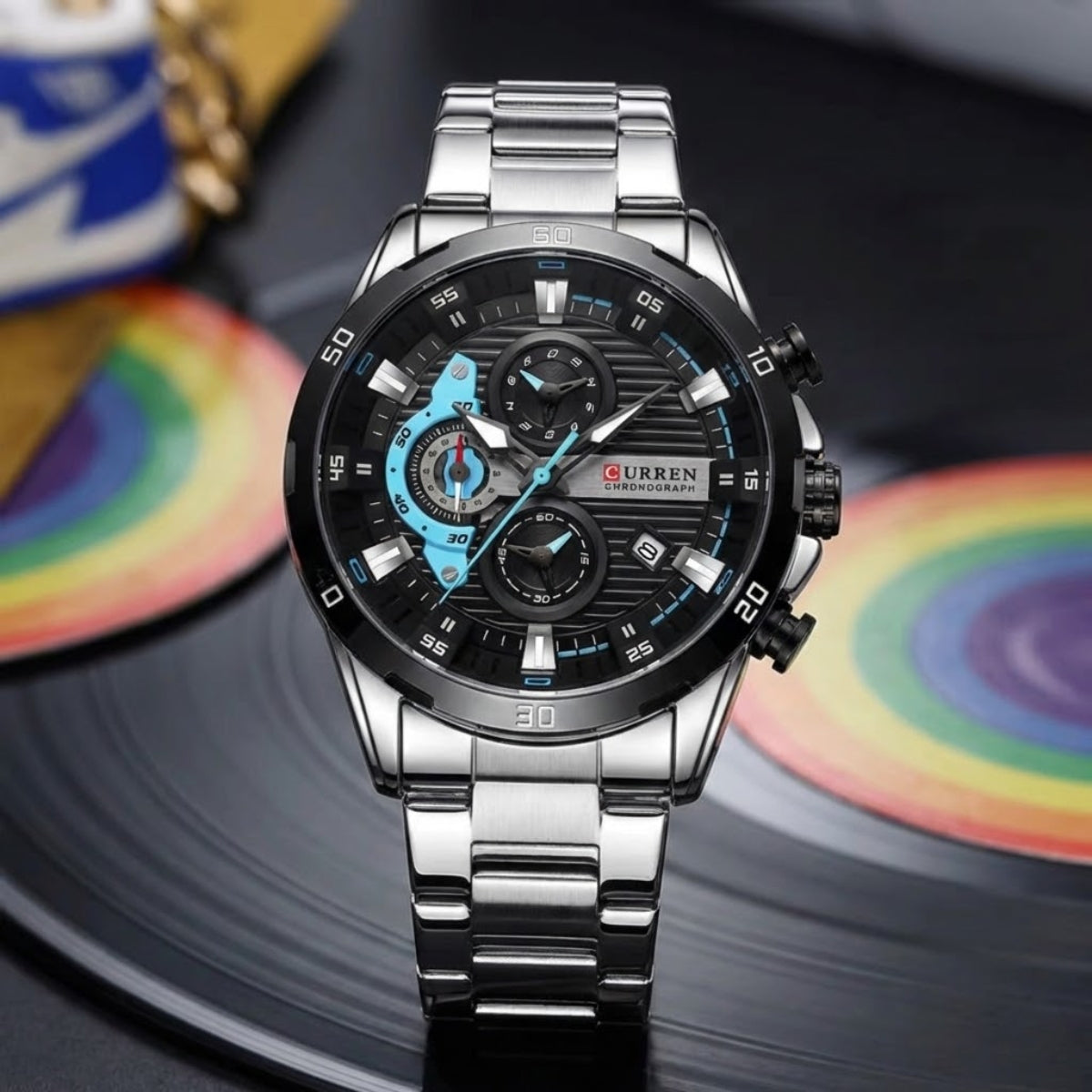 CURREN 8402 Men Watch Quartz Stainless Steel Chronograph Waterproof Wrist Watch Luminous Sport Black Dial