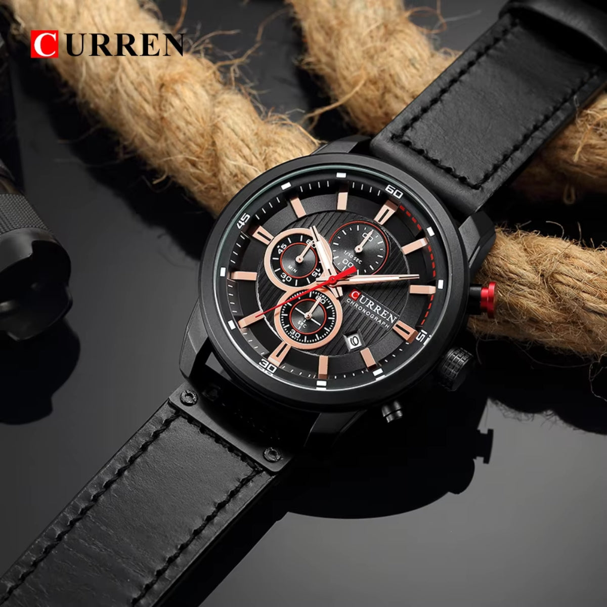 CURREN  8291 Watch for Men Japan Quartz Movement Leather Strap  Casual Sport Waterproof Black