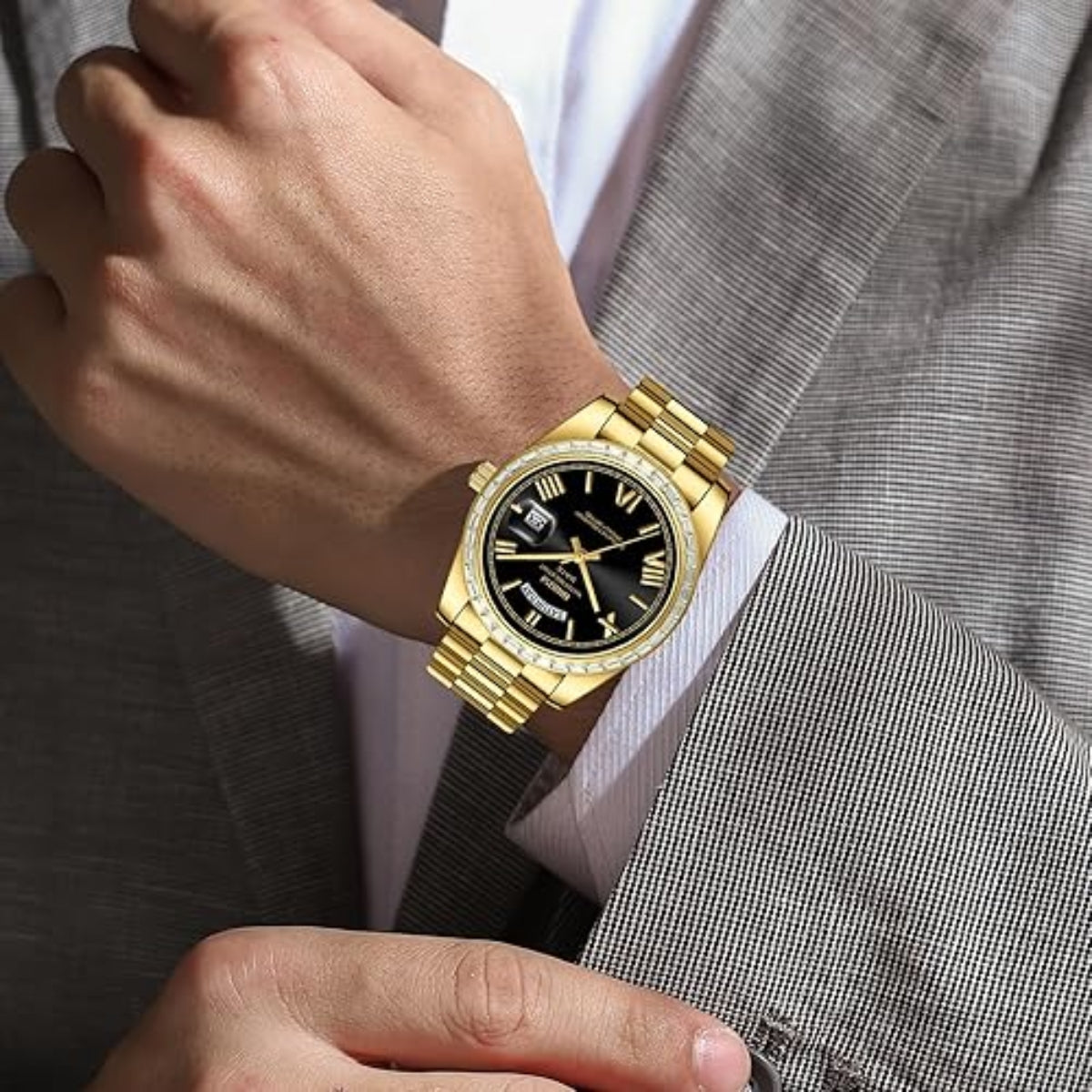 NIBOSI 2628 Luxury Men’s Quartz Watch – Faceted Crystal Bezel & Sunburst Dial Precision Business Timepiece Gold Black