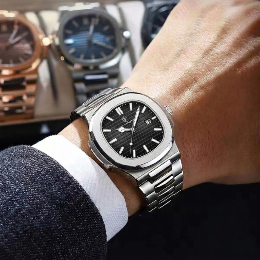 Poedagar 613 Men’s Luxury Stainless Steel Watch – Waterproof Quartz Wristwatch with Luminous Black Dial