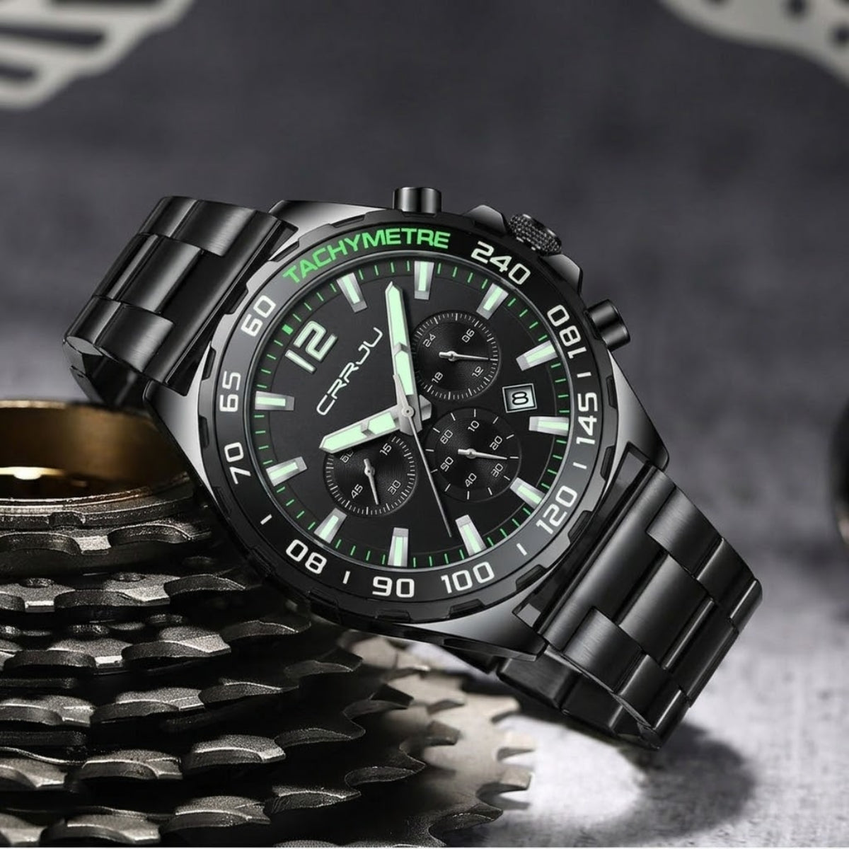 CRRJU 2299 Luxury Chronograph Watch – Premium Stainless Steel Bracelet, Elegant Business Wristwatch for Men Black