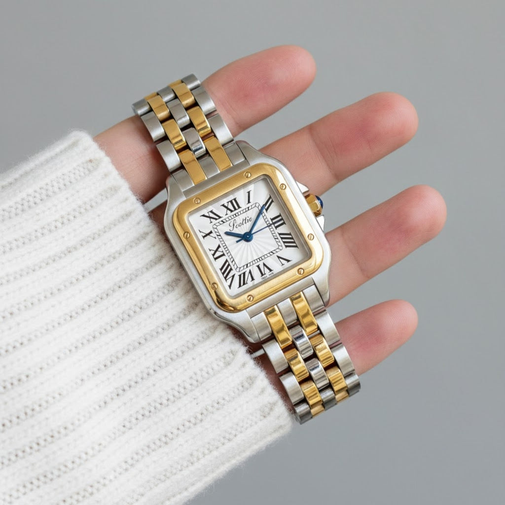 Scottie 9100 Women’s Square Watch – Luxury Stainless Steel Quartz with New Trendy Design Yellow,Gold and Silver