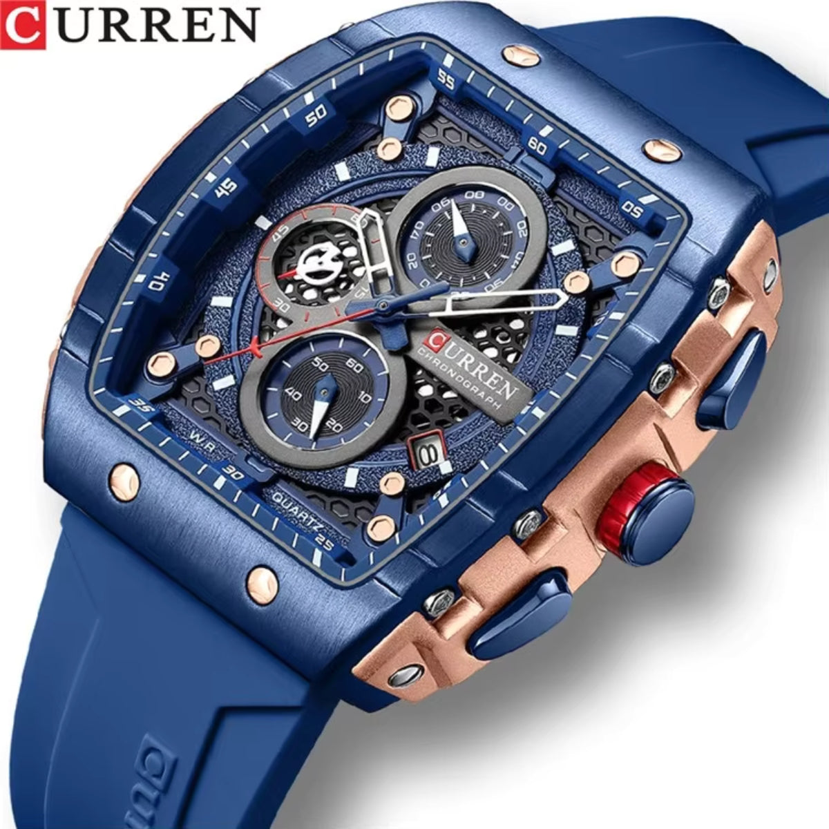CURREN 8442 Tonneau Dial Sport Watch for Men Waterproof Quartz Blue Silicone Strap
