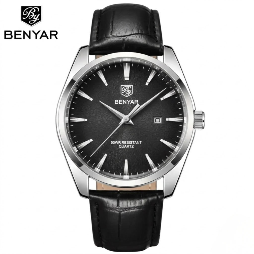 Benyar 5163 Men’s Minimalist Watch – Black Leather Strap & Black Dial