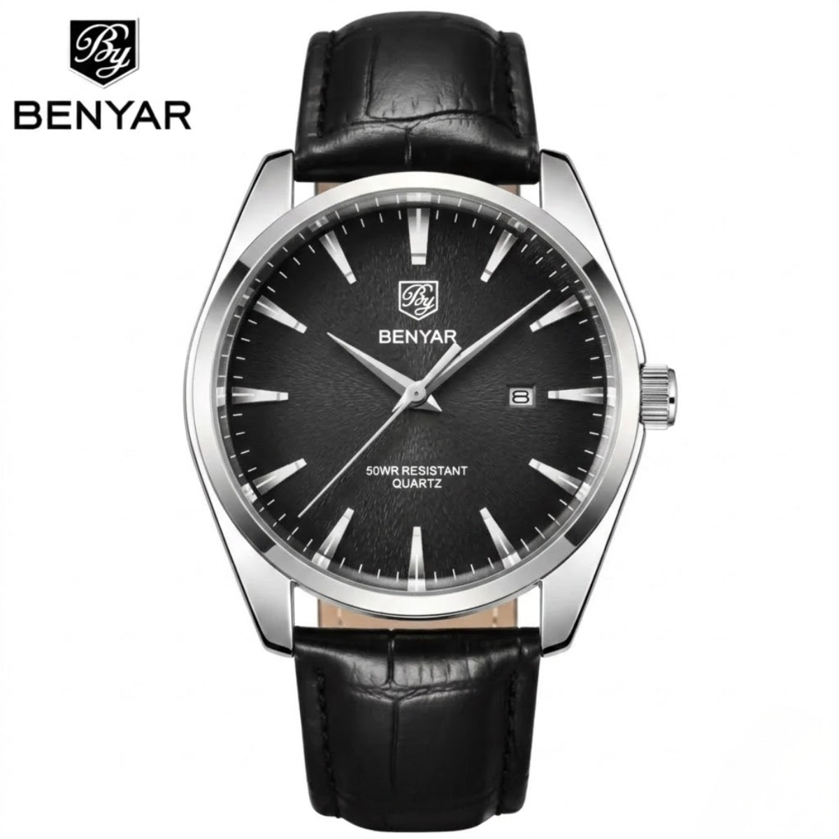 Benyar 5163 Men’s Minimalist Watch – Black Leather Strap & Black Dial