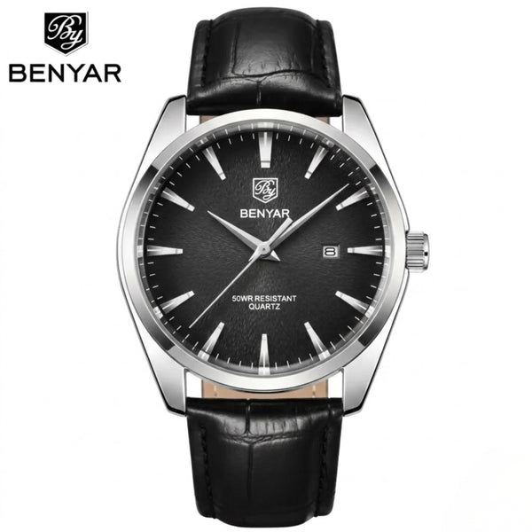 Benyar 5163 Men’s Minimalist Watch – Black Leather Strap & Black Dial