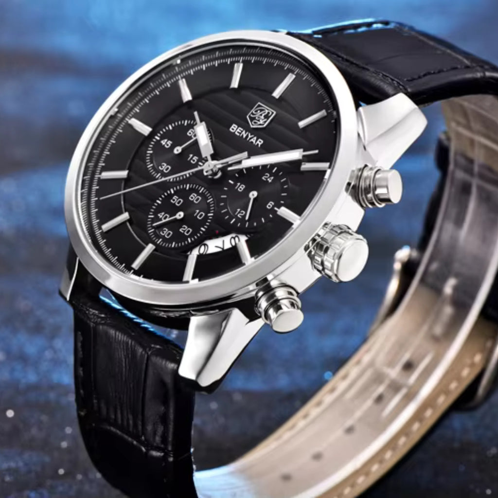 BENYAR 5104 Men’s Business Three Chronograph Sub Dial Watch Black and Silver Leather Strap