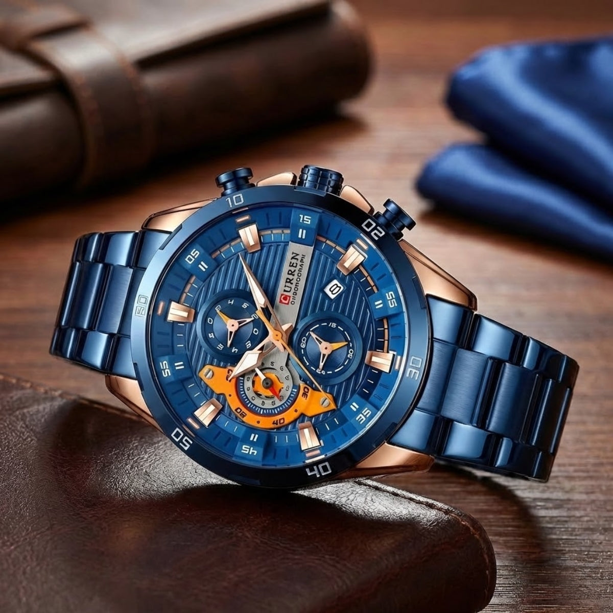 CURREN 8402 Men Watch Quartz Stainless Steel Chronograph Waterproof Wrist Watch Luminous Sport Blue Dial
