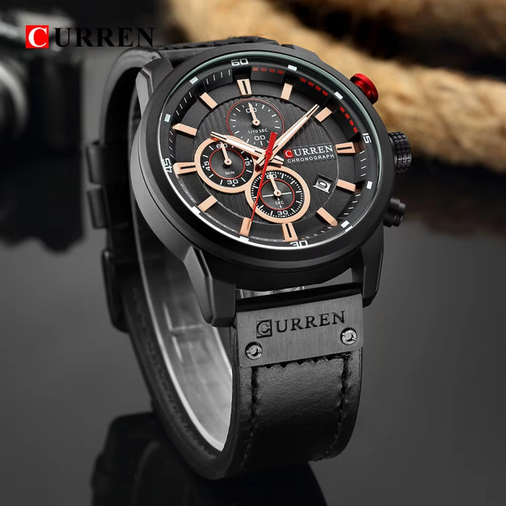 CURREN  8291 Watch for Men Japan Quartz Movement Leather Strap  Casual Sport Waterproof Black