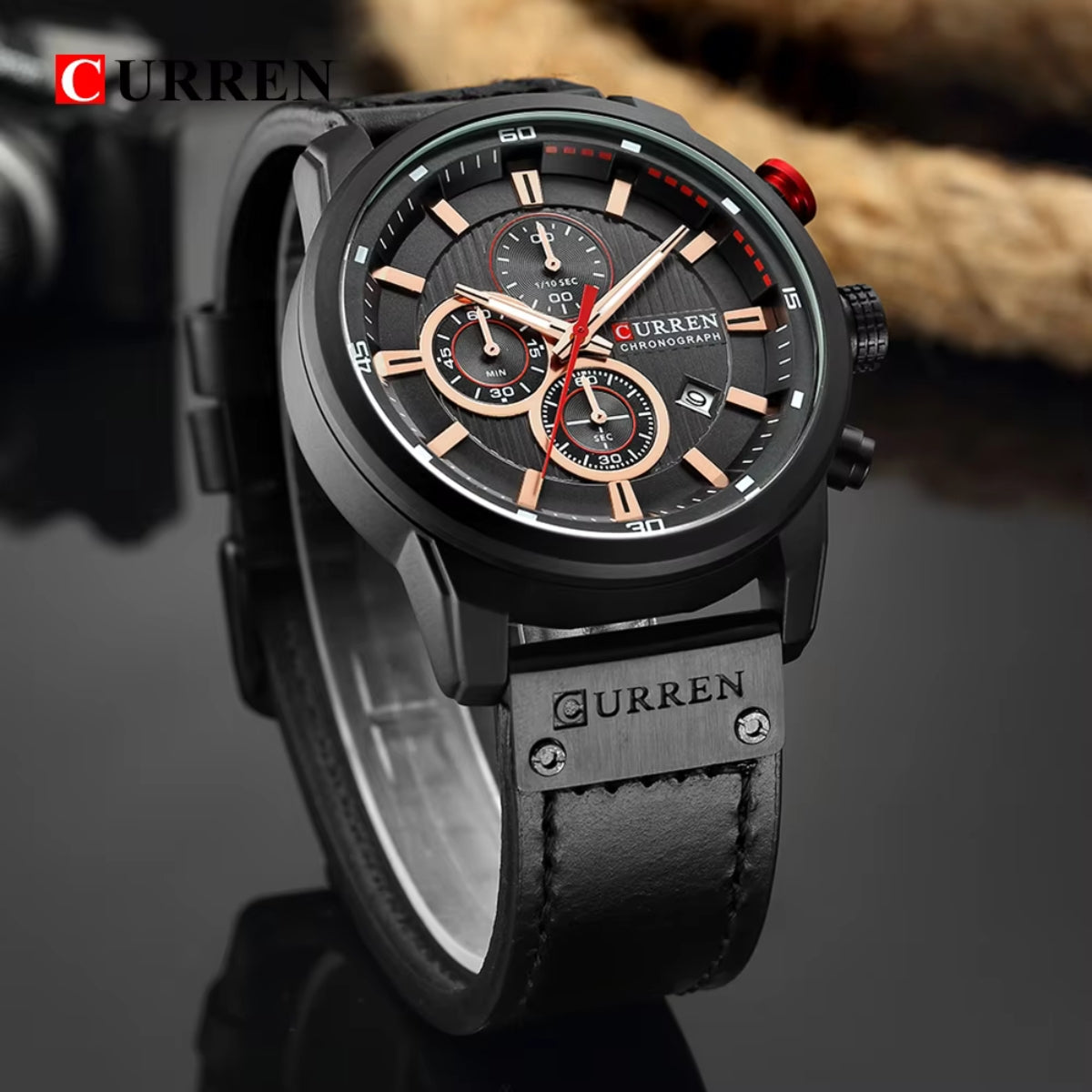 CURREN  8291 Watch for Men Japan Quartz Movement Leather Strap  Casual Sport Waterproof Black