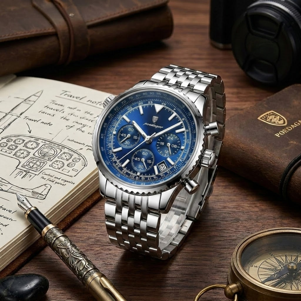 Poedagar 960 Men’s Luxury Watch – Stainless Steel Chronograph Waterproof Quartz with Luminous Blue Dial