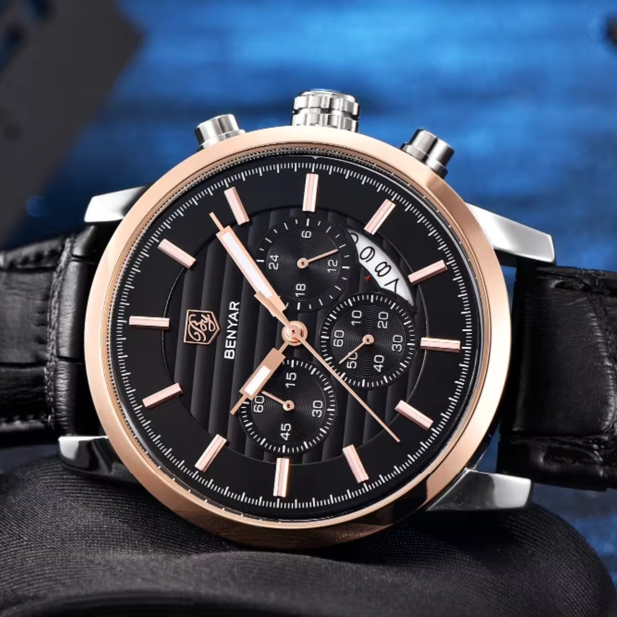 BENYAR 5104 Men’s Business Three Chronograph Sub Dial Watch Black and Gold Leather Strap