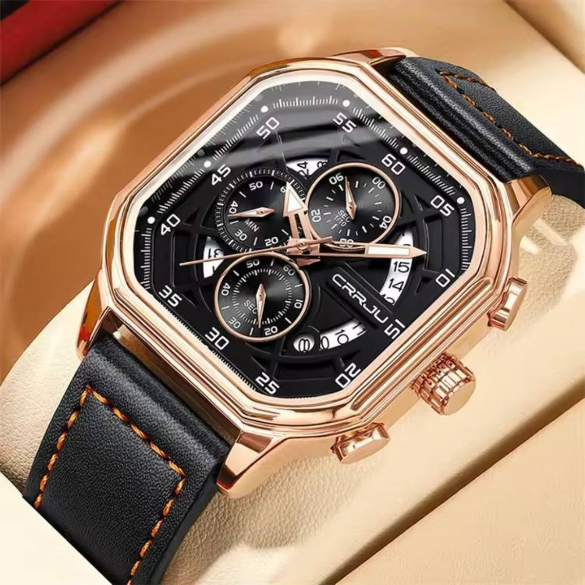 CRRJU 2314 Men’s Luxury Chronograph Watch – 3ATM Waterproof, Luminous Hands, Complete Calendar, Fashion Wristwatch Black
