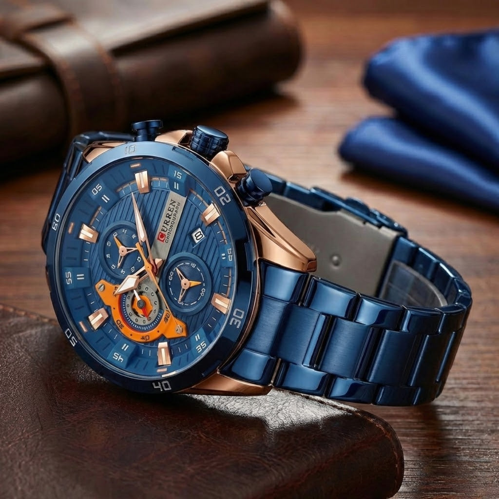 CURREN 8402 Men Watch Quartz Stainless Steel Chronograph Waterproof Wrist Watch Luminous Sport Blue Dial