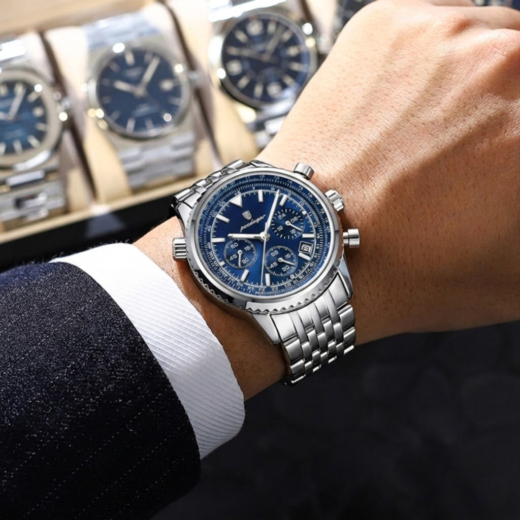 Poedagar 960 Men’s Luxury Watch – Stainless Steel Chronograph Waterproof Quartz with Luminous Blue Dial