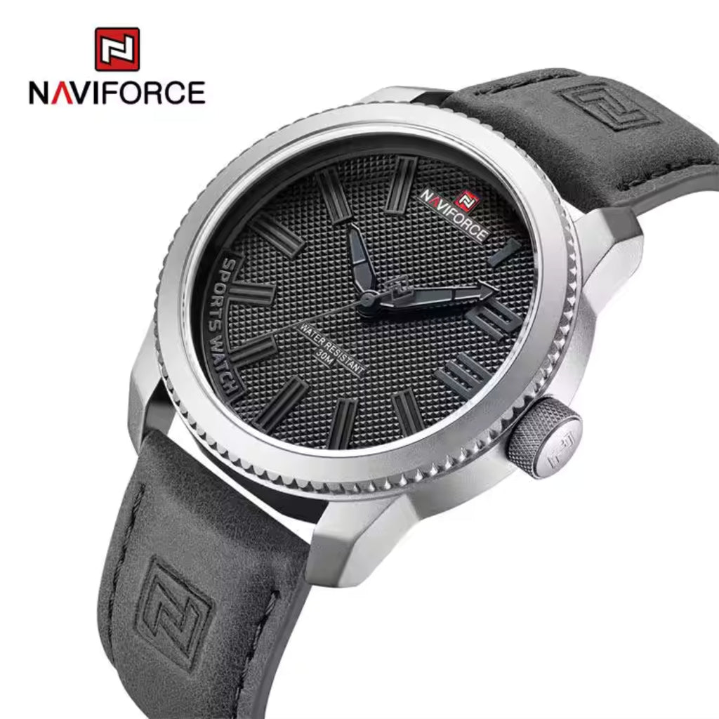 NAVIFORCE 9202L Men’s Fashion Quartz Watch – Waterproof Analog Sport Wristwatch with Leather Strap & Date Silver and Gray