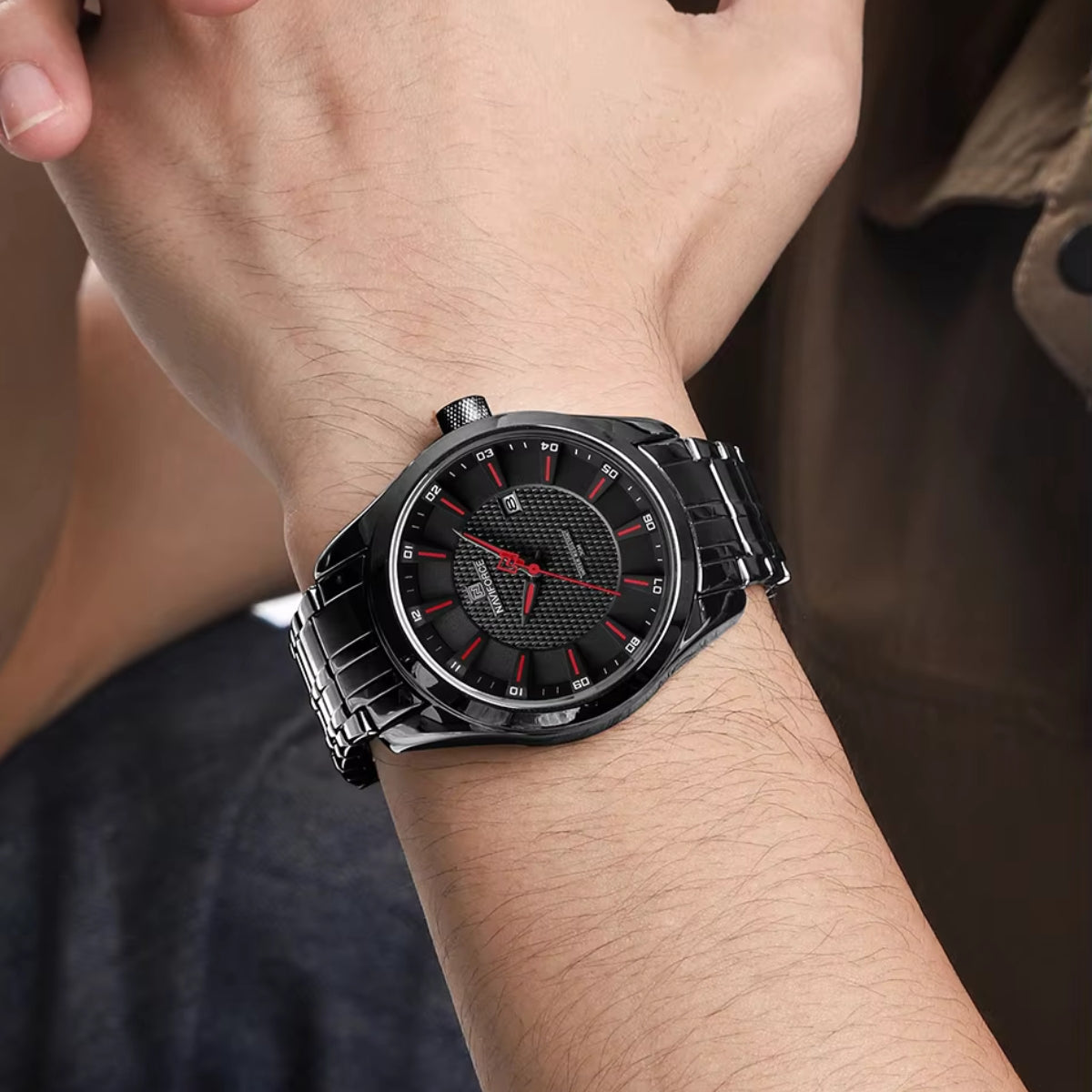 NAVIFORCE 8032 Men’s Stainless Steel Watch – Original Quartz Business Wristwatch - Black and Red
