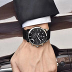 BENYAR 5104 Men’s Business Three Chronograph Sub Dial Watch Black and Silver Leather Strap