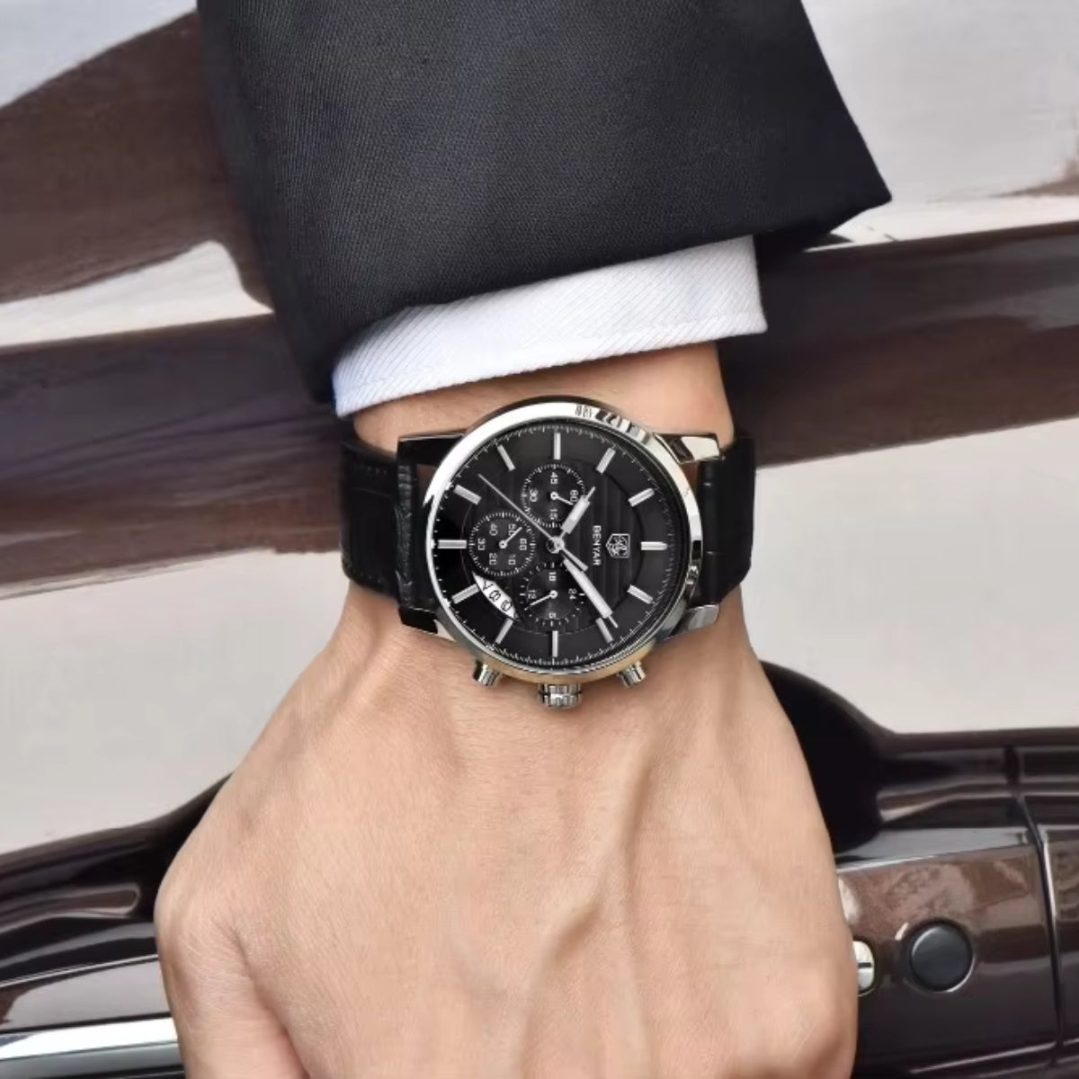 BENYAR 5104 Men’s Business Three Chronograph Sub Dial Watch Black and Silver Leather Strap