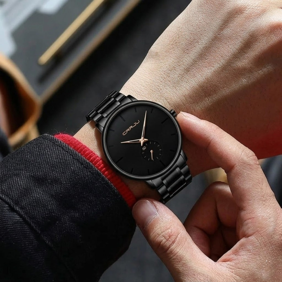 CRRJU 2150 Luxury Quartz Watch – Premium Stainless Steel Band, Casual Black Wristwatch for Men Black Gold