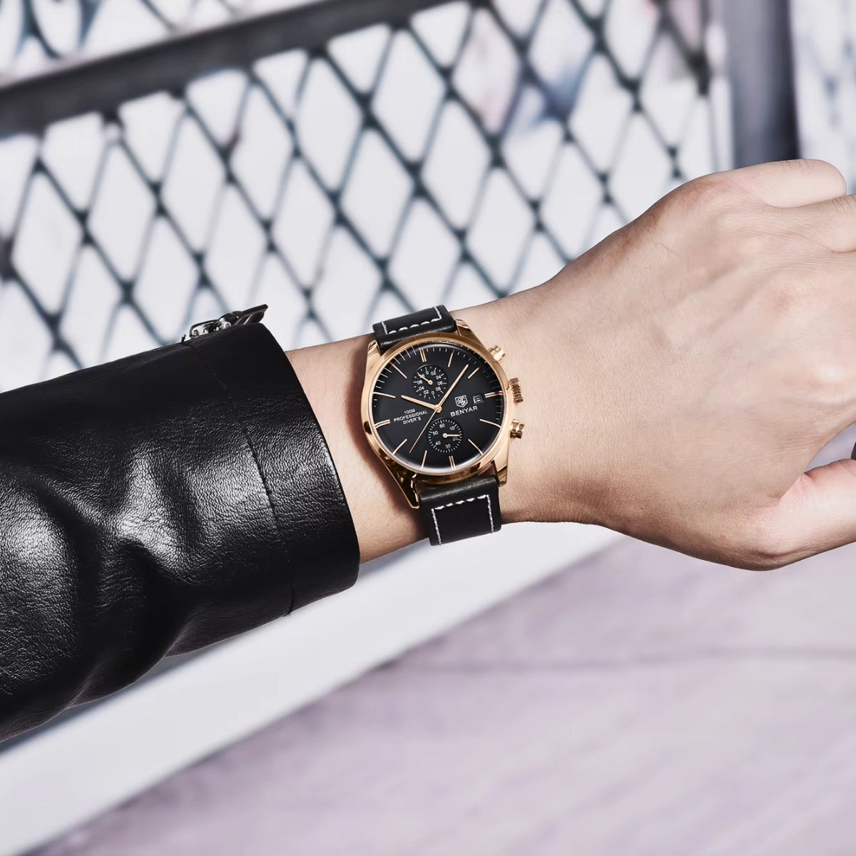 BENYAR 5187 Men’s Luxury Quartz Watch – Leather Band with Chronograph - Gold and Black