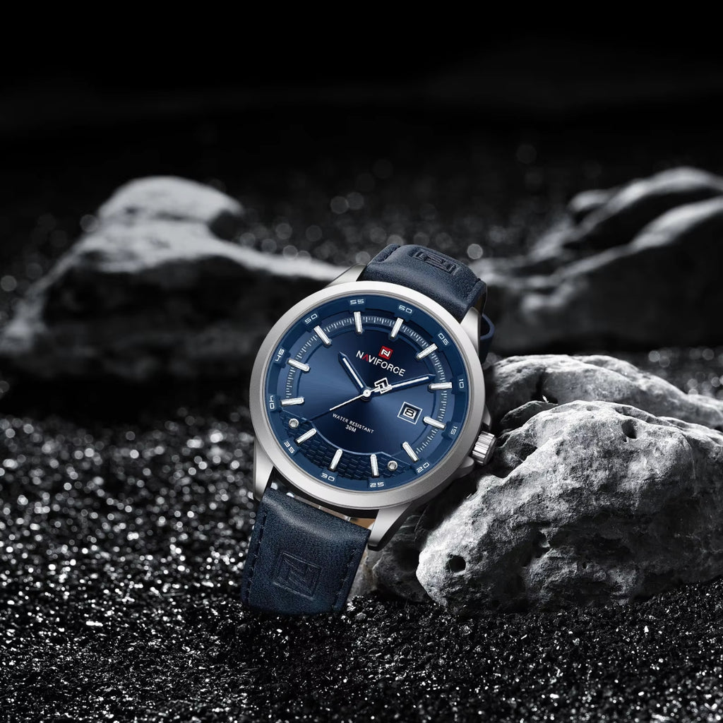 NAVIFORCE 9248 Men’s Fashion Sport Watch – Waterproof Quartz Analog Wristwatch with Leather Strap Silver and Blue