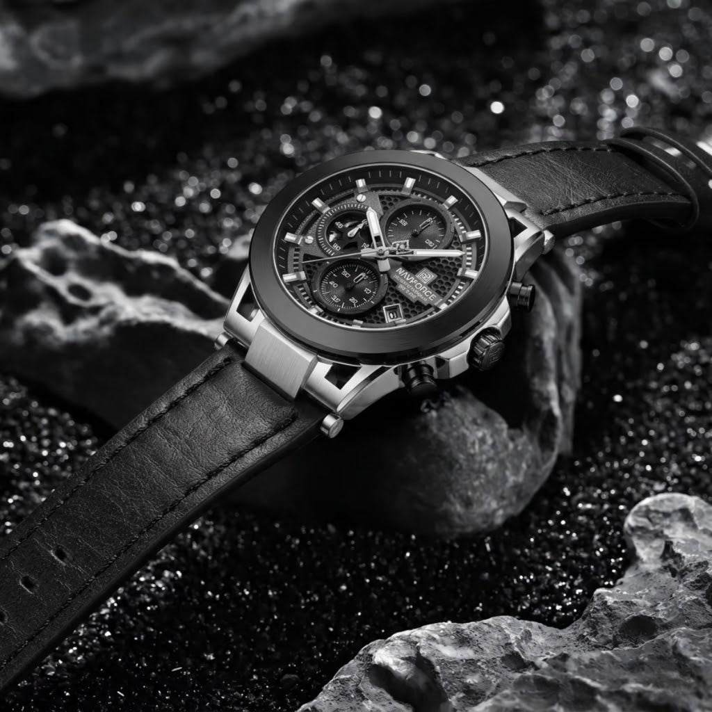 NAVIFORCE 8073 Men’s Skeleton Watch – Original Brand Quartz Wristwatch with Leather Strap & Chronograph