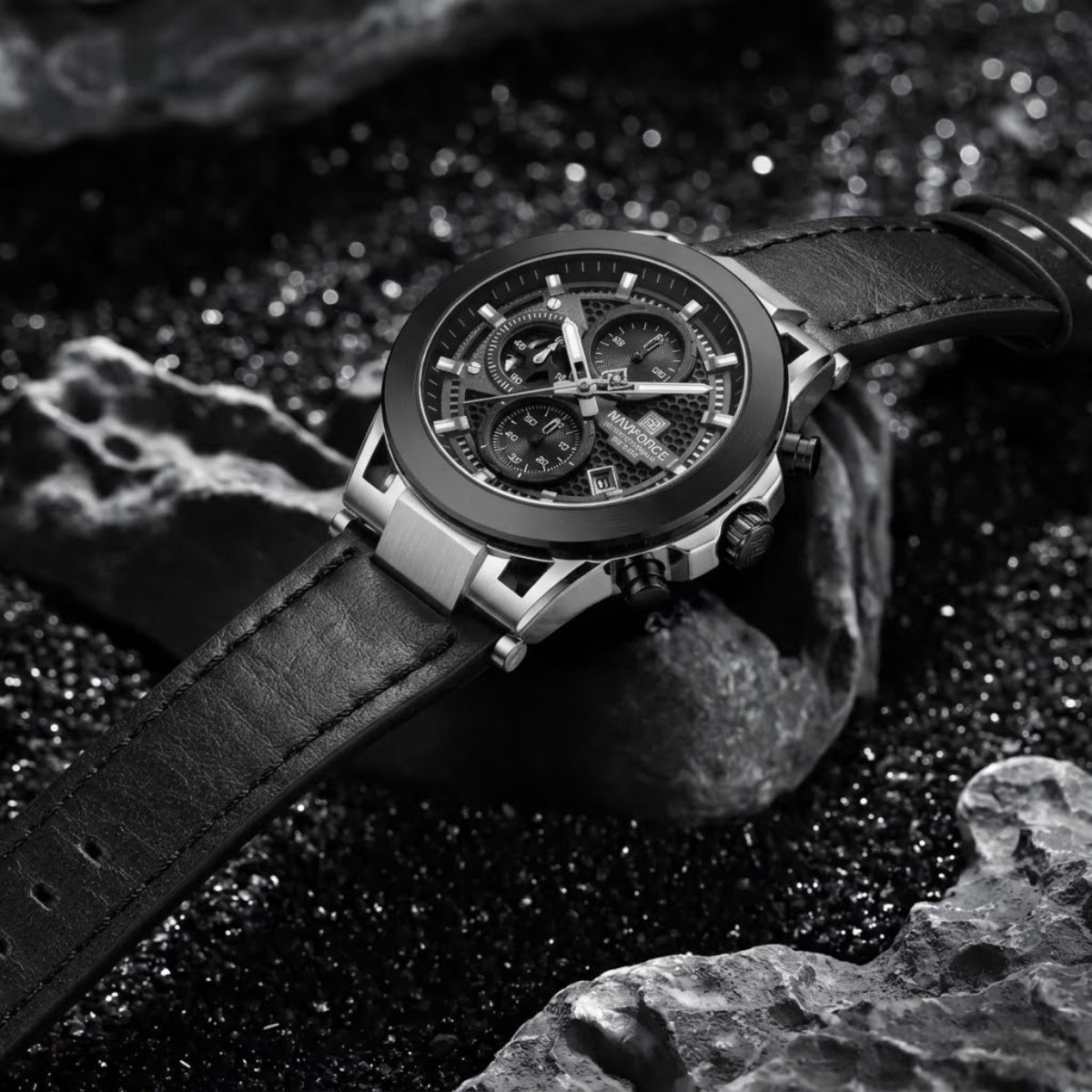 NAVIFORCE 8073 Men’s Skeleton Watch – Original Brand Quartz Wristwatch with Leather Strap & Chronograph
