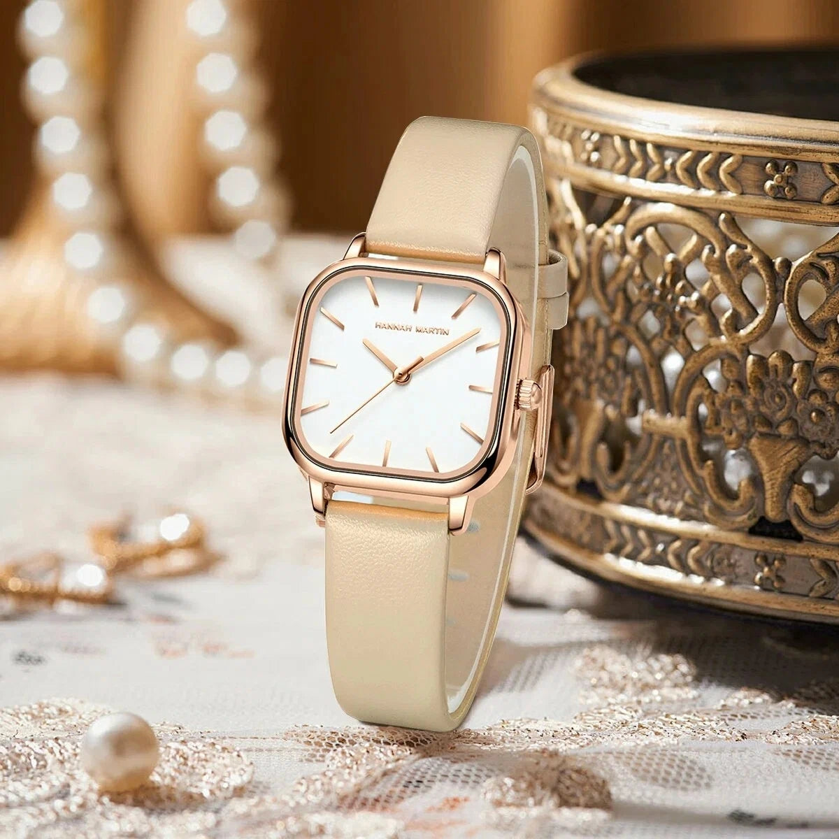 Hannah Martin 1591 Women’s Square Watch – Waterproof Leather Quartz Business Wristwatch White Dial