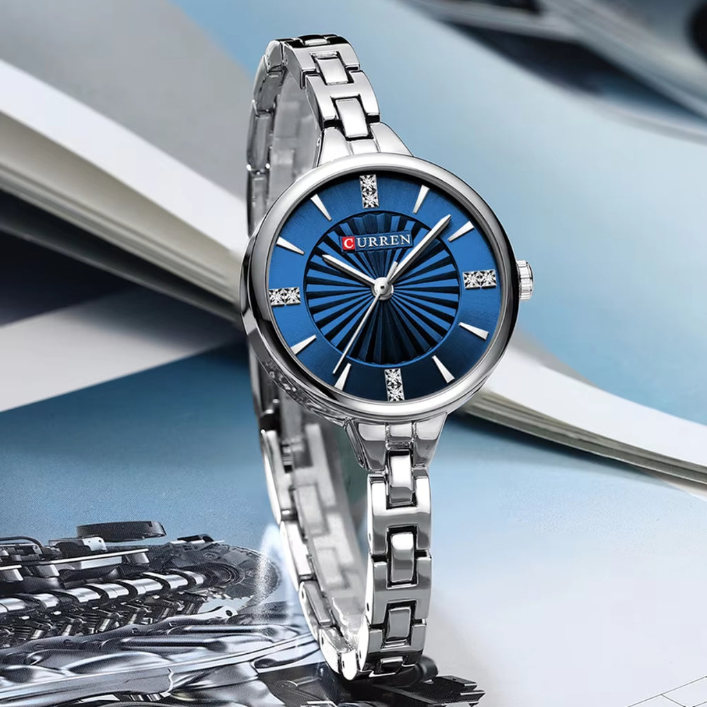 CURREN 9097 Women’s Luxury Fashion Watch – High-Quality Stainless Steel Quartz Wristwatch (3ATM Waterproof) Silver and Blue