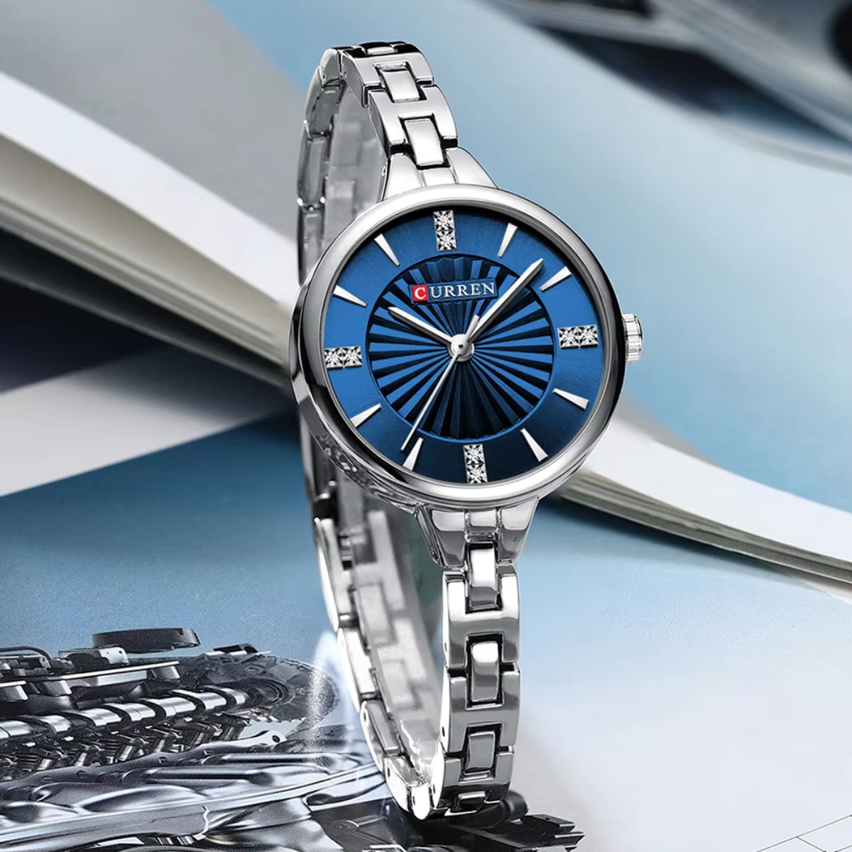 CURREN 9097 Women’s Luxury Fashion Watch – High-Quality Stainless Steel Quartz Wristwatch (3ATM Waterproof) Silver and Blue