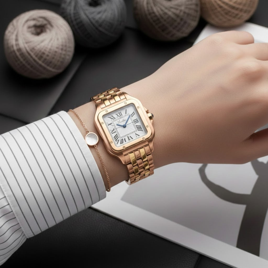 Scottie 9100 Women’s Square Watch – Luxury Stainless Steel Quartz with New Trendy Design Rose Gold