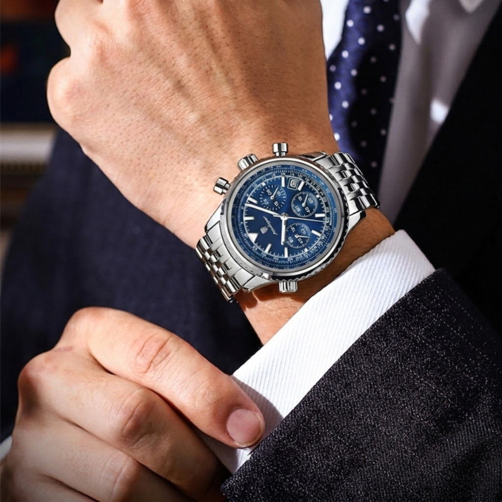 Poedagar 960 Men’s Luxury Watch – Stainless Steel Chronograph Waterproof Quartz with Luminous Blue Dial