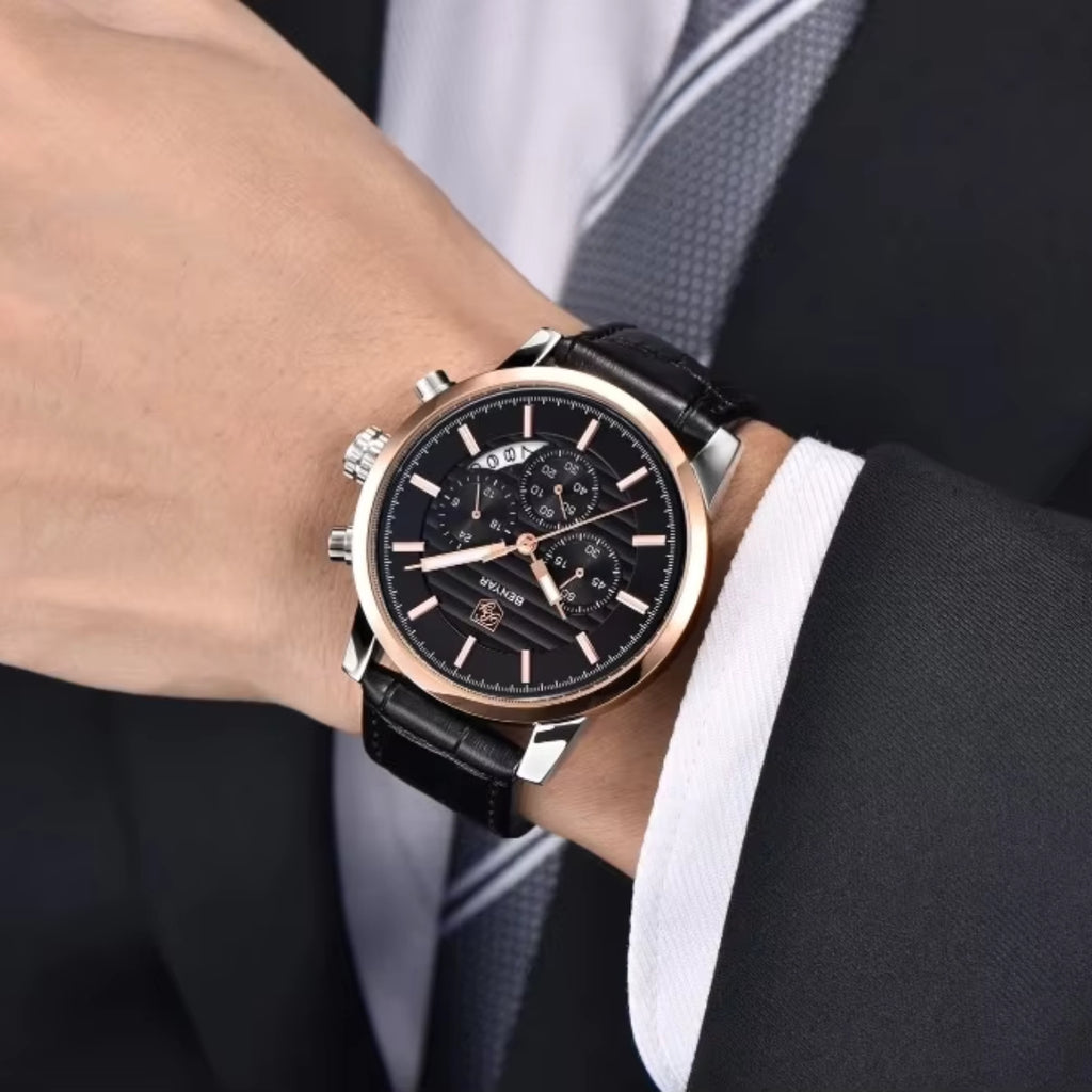 BENYAR 5104 Men’s Business Three Chronograph Sub Dial Watch Black and Gold Leather Strap