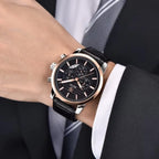 BENYAR 5104 Men’s Business Three Chronograph Sub Dial Watch Black and Gold Leather Strap