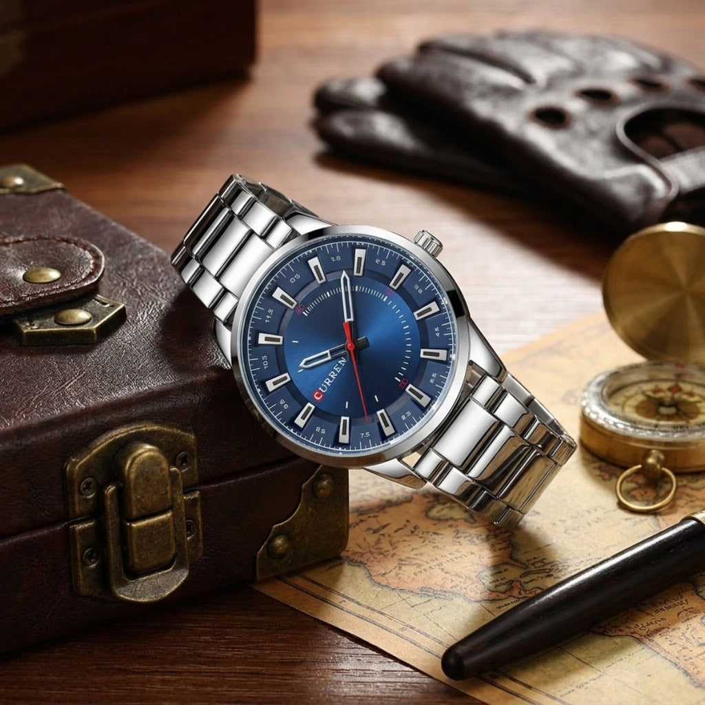 CURREN 8406 Men Watch Stainless Steel  Water Resistant Quartz Watche Silver and Blue