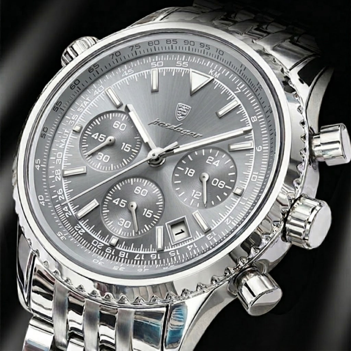 Poedagar 960 Men’s Luxury Watch – Stainless Steel Chronograph Waterproof Quartz with Luminous Gray Dial
