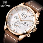 BENYAR 5187 Men’s Luxury Quartz Watch – Leather Band with Chronograph - Beige Dial