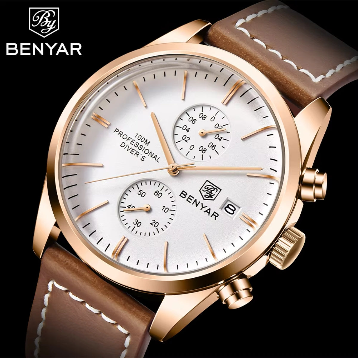 BENYAR 5187 Men’s Luxury Quartz Watch – Leather Band with Chronograph - Beige Dial